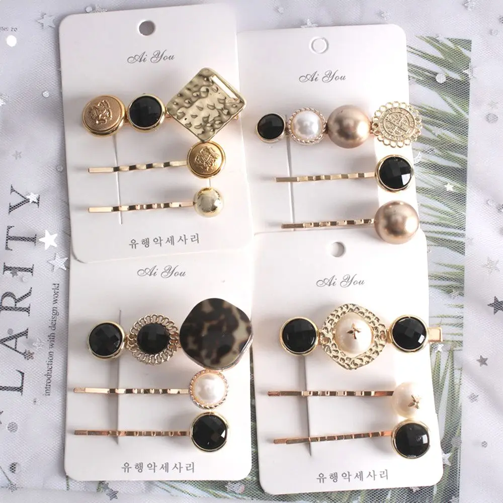 3PCS Hot Korea Chic Alloy Metal Hair Clips Pearls Hairpins Geometric Flower Barrett Women Hair Accessories Gold Color Hairgrip