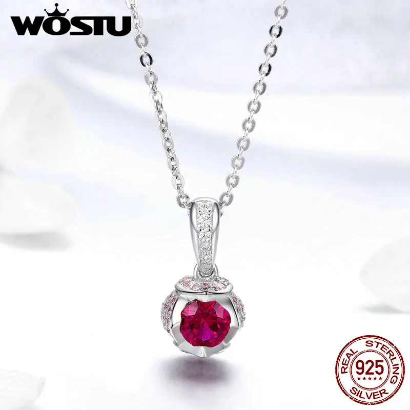 

WOSTU Wedding Jewelry 925 Sterling Silver Rose Flower Pink Zircon Pendant Heart Necklaces Long Chain For Women Lover Gift FNN035