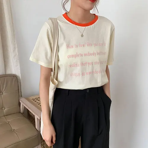 

Letter Printed Vintage Simple Thin Patckwork Red O-neck All Match 2019 New Arrival Hot Sale Fashion Korean Style Female T-shirts