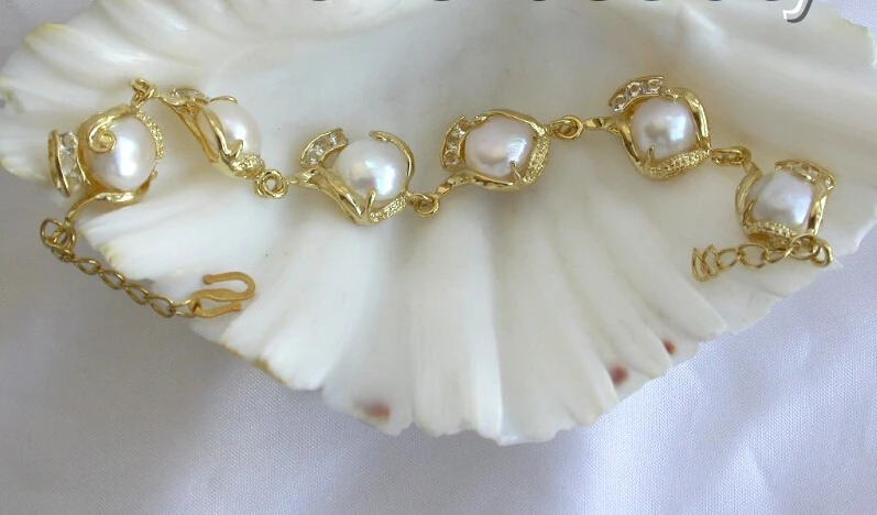 

FREE shipping>>>> Amazing big 12mm white round freshwater pearl bracelet 9K gold chain b131