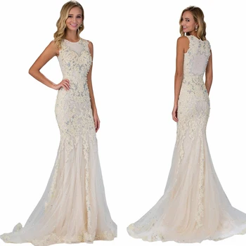 

Sexy Ivory Applique Pearls Tulle Evening Prom Robe De Soiree Mermaid Vestidos Floor Length Dress for Wedding Party