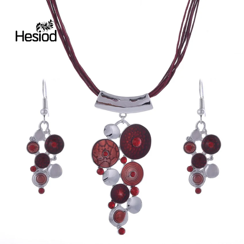 

Hesiod Luxury Circle Statement Necklace Earrings Women Crystal Oil Color Leather Rope Jewelry Set Wholesale Trendy Best Gift