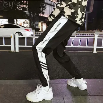 

GUYI Black White Side Stripe Letter Print Sport Pants Men Rib Ankle Length Drawstring Rib Pants Fashion Casual Streetwear Pant