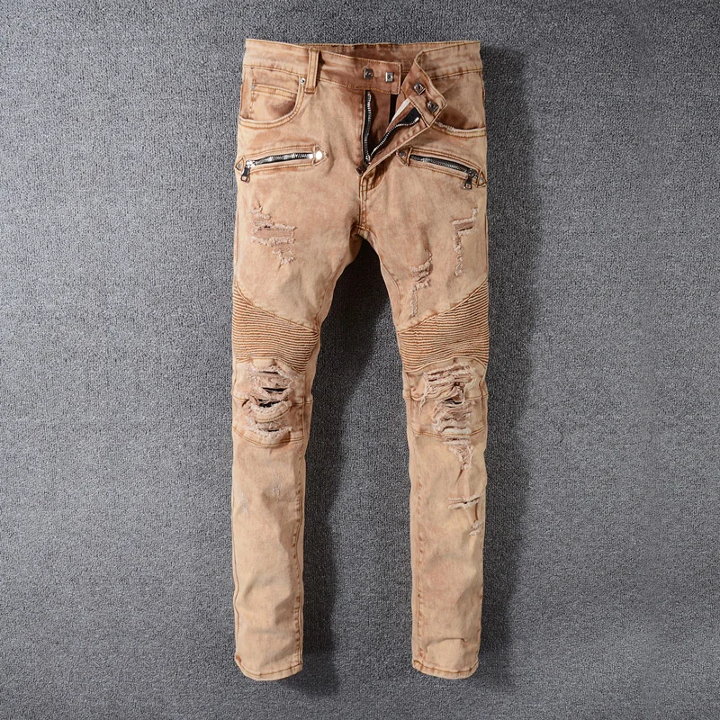 2018 Fashion High Street Men's Biker Jeans Khaki Color Slim Fit Spliced Destroyed Ripped Jeans Balplein Brand Punk Jeans Pants destroyed slim fit biker jeans