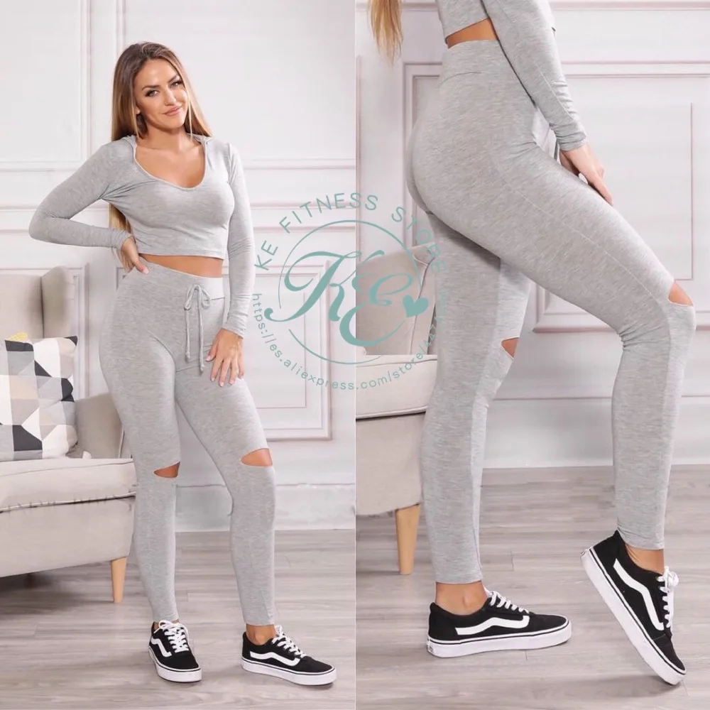 KE conjunto deportivo mujer de dos piezas pantalon y sudadera con capucha bierto en las rodillas femenina chandal спортивная одежда