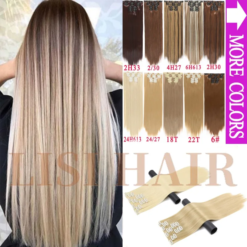 LISI HAIR Six Piece 56Cm 24 Inch Long Synthetic Hair 16 Clips Synthetic Fake False Hairpiece Clip In Hair Extension