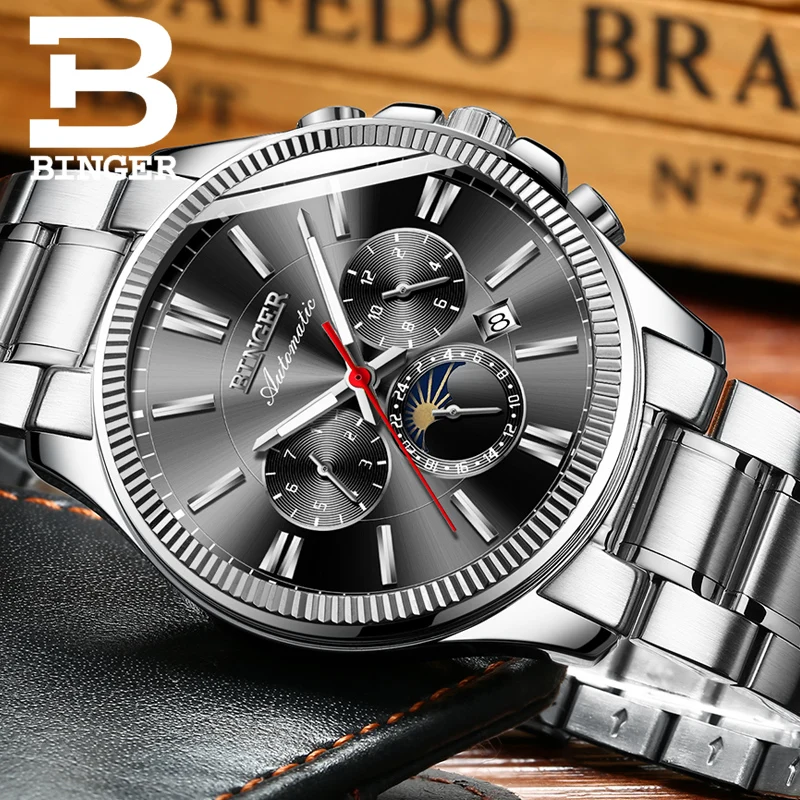 

BINGER Luxury Brand Men Automatic Mechanical Watch Stainless Steel Waterproof Moon Phase Sports Business Watch Relogio Masculino