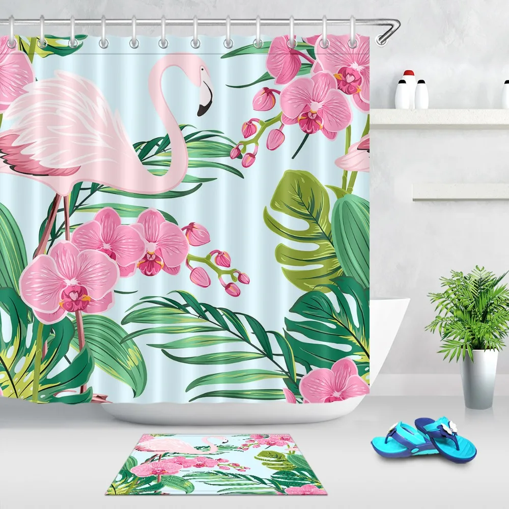 Tropical Plants Flamingo Shower Curtain Waterproof Fabric Bathroom Accessories
