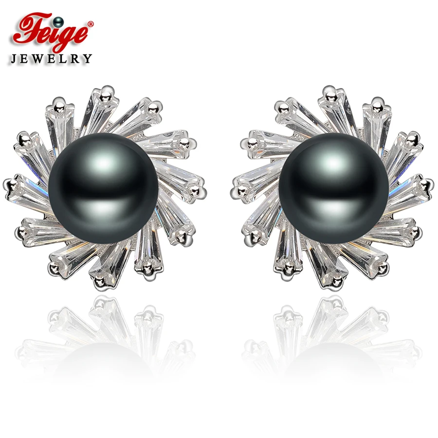 

FEIGE High quality 7-8mm Black Freshwater Pearls Stud Earring for Women Genuine 925 Sterling Silver Earrings Pearl Fine Jewelry