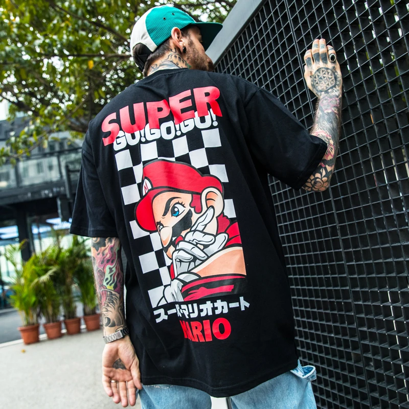 

INS Super Harajuku Anime Mens Tshirts Summer Black White Green Oversized Tee Shirt Homme De Marque Cartoon Hip Hop Streetwear