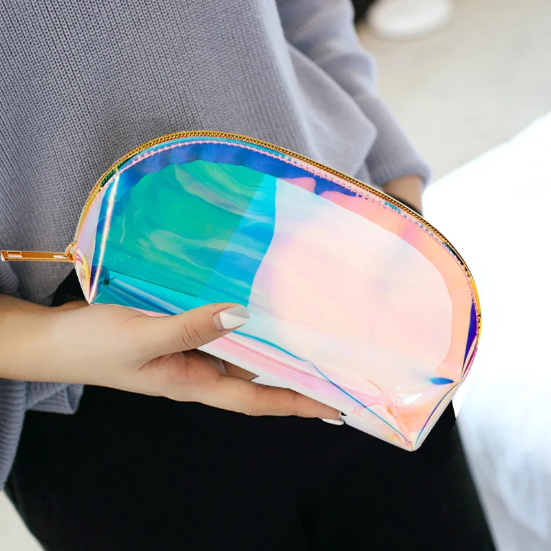 

1 PC Semicircle Shape Cosmetic Bag for Women Colorful laser Makeup Pouches Zipper Travel Organizer Toiletry Wash Beauty Storage