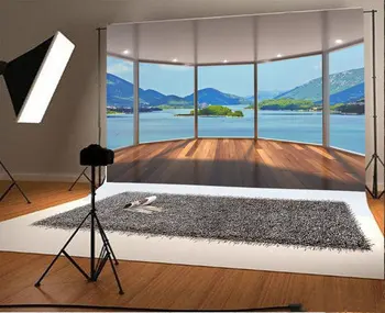 

Blue Sky White Cloud window sea room ocean Mountain Green Plants Wood Background Vinyl cloth Computer print wall backdrops