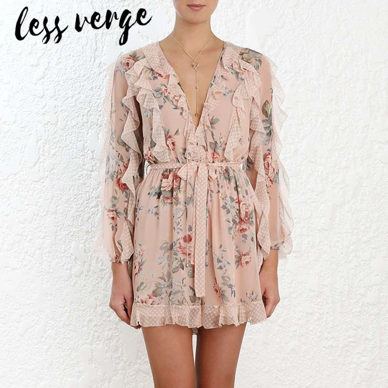 Lessverge Boho Цветочный принт пояса гофрированные шифоновые Комбинезоны женские