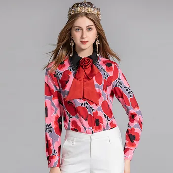 

New Fashion Runway blouses Women's Long sleeve Turn Down Collar Red Rose Bow Casual Printed Tops Shirts Blouse 3XL Plus Size