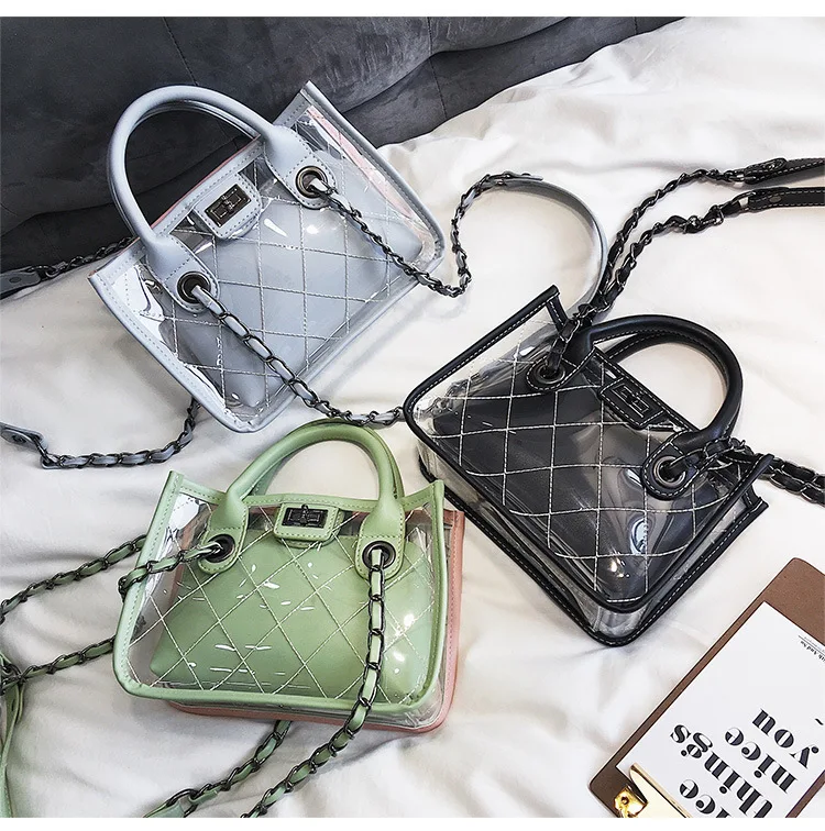 Clear PVC Quilted Tote Women Small Transparent Chain Shoulder Bag Luxury Fashion Female Crossbody PU Shopper Bag Blue Pink Green (38)