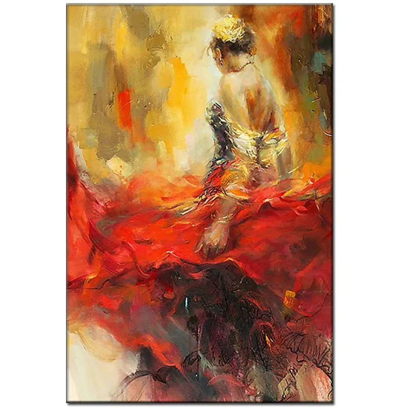 

Hand painted Abstract Wall Painting red Flamingo woman dancer Oil Painting On Canvas Swinging skirt Wall Art Home Decor