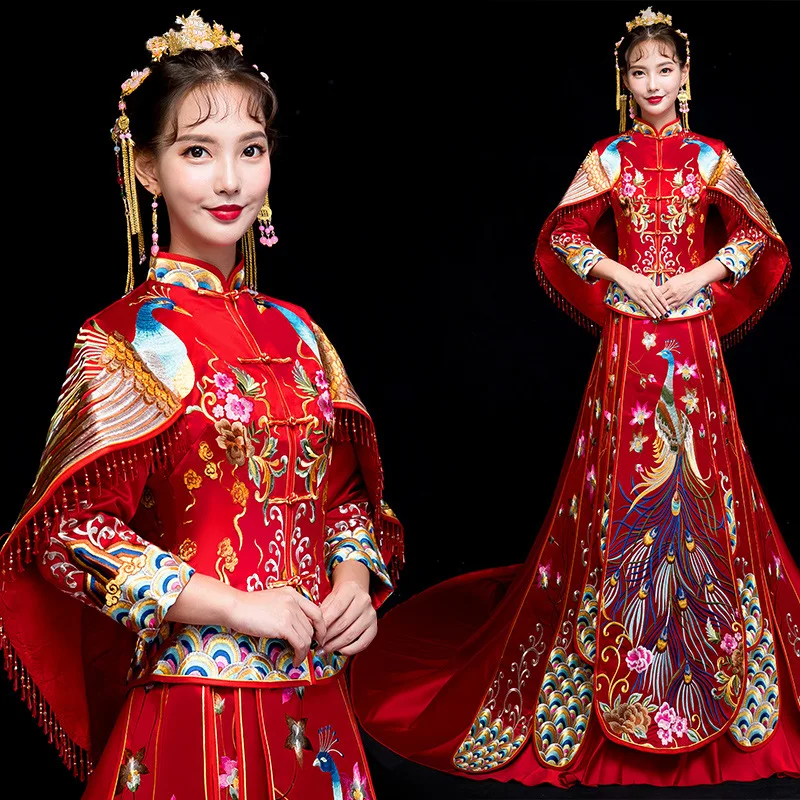 Традиционная вышивка Cheongsam Королевский для женщин цветочный и павлин свадебные Qipao брак костюм красный элегантный Азиатский невесте
