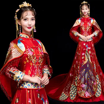 

Traditional Embroidery Cheongsam Royal Women Floral&Peacock Wedding Qipao Marriage Suit Red Elegant Asian Bride Trailing Dress