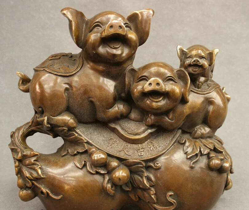 

10" Chinese Bronze Copper Family 3 Happy Fu Pig Statue On JiXiang FengShui Gourd