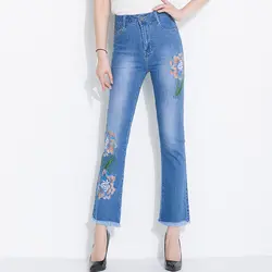Лето Весна женский по щиколотку отбеленные джинсы с цветочной вышивкой брюки, женские джинсовые брюки с высокой талией с вышивкой