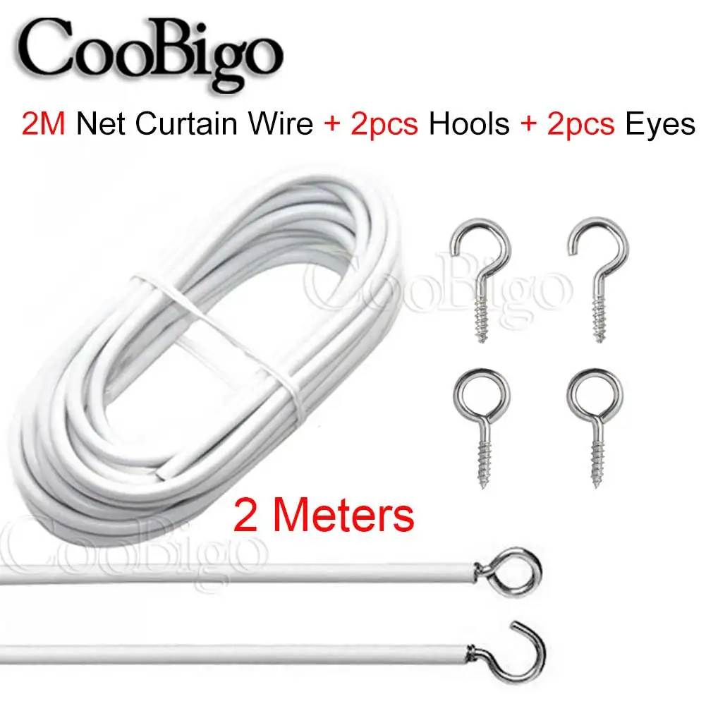 2M Net Curtain Wire Window Cord Cable With FREE HOOKS & EYES Choose