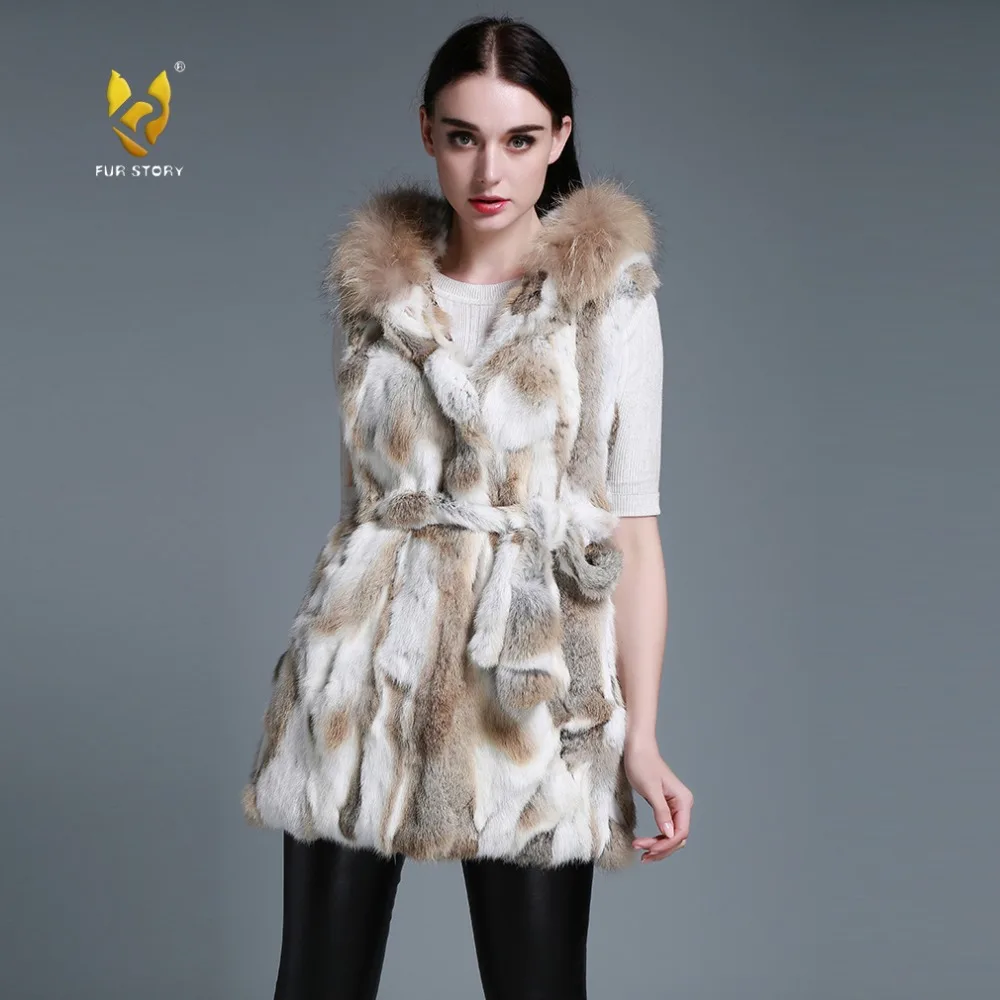 

Fur Story 15275 Women's Rabbit Fur Vest with Raccoon Fur Trim Hood Slim Belt Real Fur Waistcoat Female Nature Brown Color vests