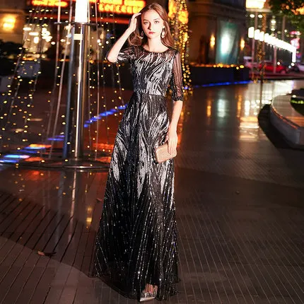 Роскошные вечерние платья с золотыми блестками, Robe De Soiree, с круглым вырезом, длинное, в пол, с рукавом до локтя, официальное вечернее платье - Цвет: Черный