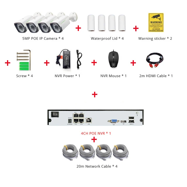 IMPORX 4CH 5MP POE NVR супер HD Запись CCTV система безопасности 5MP Крытый Открытый PoE IP камера H.265 IR P2P комплект видеонаблюдения - Цвет: 4CH POE With Cable