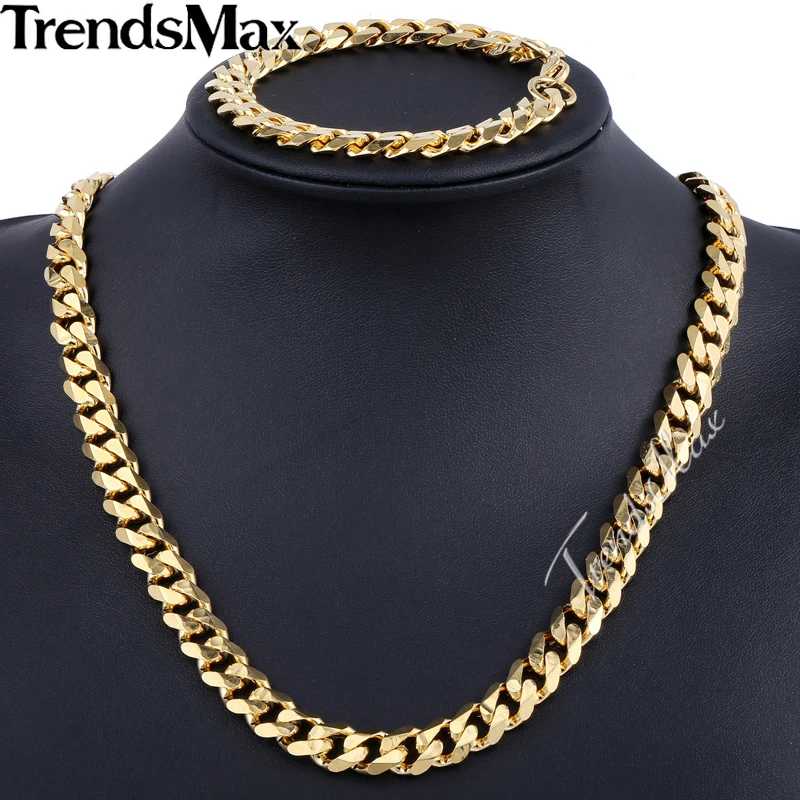 Trendsmax Brand Jewelry Set 11mm Gold/Black Color Men Chain Stainless Steel Necklace Bracelet Curb Link Fashion Hot KS201 KS203