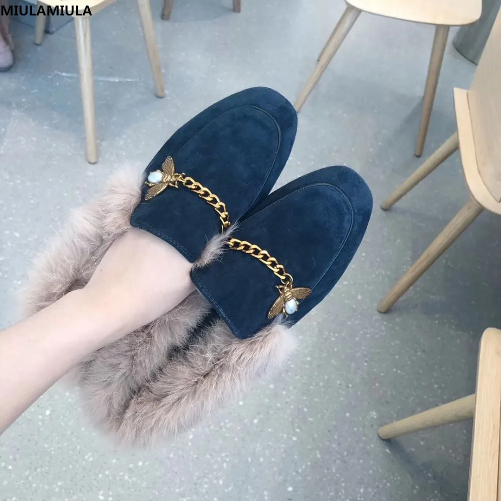 baratas MIULAMIULA Desingers Marca 2018 de Moda de Nova Dourada Corrente de Metal Abelha Pérola Mulher Apartamentos Escorregas Chinelos Peludos Mulas Flip Flops35 41