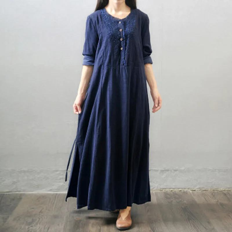 

2019 Autumn Winter Women Vintage Vestido Casual Loose Maxi Long Dress Cotton Linen Long Sleeve Solid Womens Clothing Plus Size