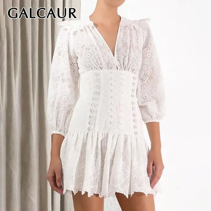 

GALCAUR Summer Solid Women Dress V Neck Three Quarter Sleeve High Waist Bandage Slim Mini Dresses Female Fashion 2019 Elegant