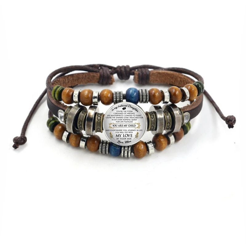 

Vintage To My Daughter Inspirational Letter Bracelet Glass Cabochon Charm Beads Leather Rope Bracelets Jewelry Love Gifts