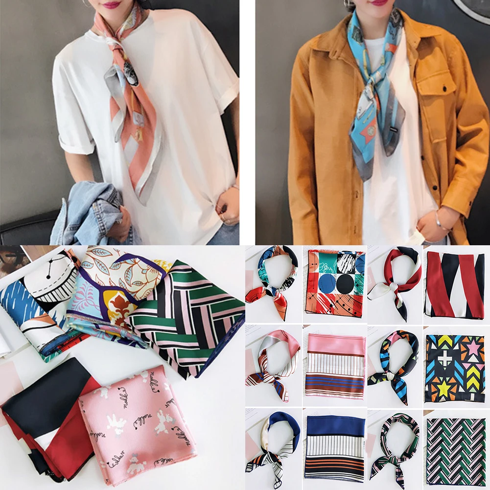 

Square Scarf Hair Tie Band DIY Women Head Neck Wrap silk Satin Handkerchief Bandana Striped Animals Scarf Bags Shawl Harajuke