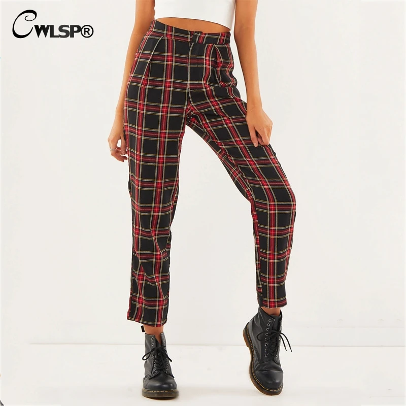Goede CWLSP Herfst Katoen Straight Enkellange Broek met Rits Ongedwongen Losse Plaid Mid Taille Broek Vrouwen pantalon mujer QL4173