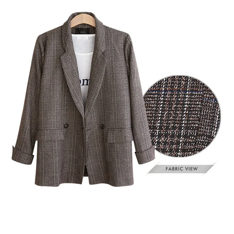 Серый клетчатый блейзер для женщин; большие размеры 5XL; Базовая куртка; Femme; сезон осень-зима; двубортное пальто для работы; Офисная Женская винтажная верхняя одежда