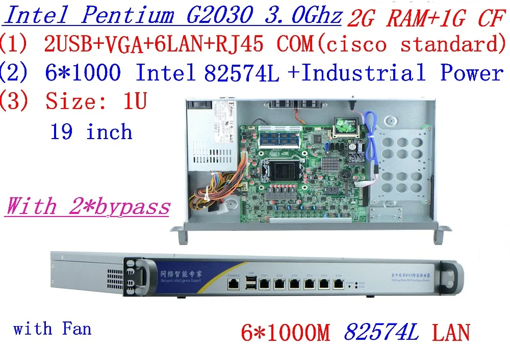 Промышленный 1U сетевой экран серверный маршрутизатор 2G ram 1G CF 2* bypass с 6*1000 M INTEL 82574L Gigabit G2030 3,0 Ghz Mikrotik pfsense ROS