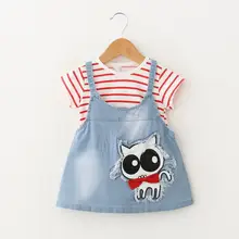 Джинсовое платье с рисунком поросенка и кота для маленьких девочек полосатая футболка с короткими рукавами в полоску лоскутное одеяло, платья Одежда для младенцев