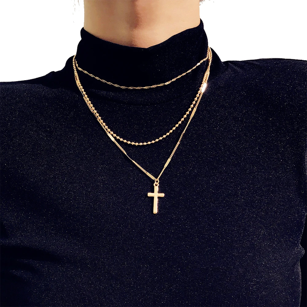 

Vienkim Trendy Gold Color Layered Necklace Choker Chain Boho Simple Cross Pendant Necklace For Women Jewelry Friendly Gift 2019