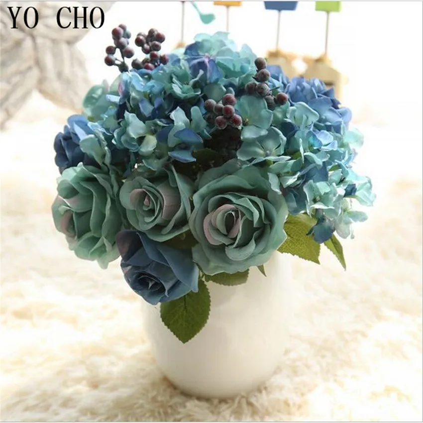 Yo cho decoração de casamento tiffany azul peônia, flor de seda hortência,  flores artificiais, outono, buquê de folhas falsas vívidas|silk flower  rose|hydrangea silk flowersrose artificial - AliExpress