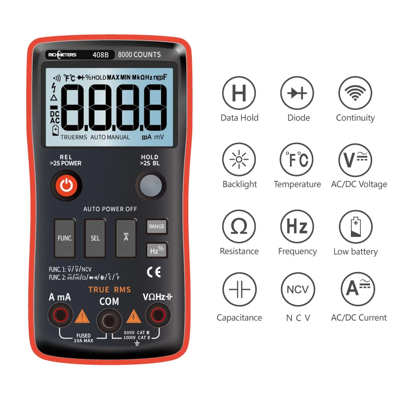 RM408B Цифровой мультиметр Кнопка 8000 отсчетов True-RMS температурный тест 5 МГц Частота ACDC Напряжение Ток 9.999mF Емкость
