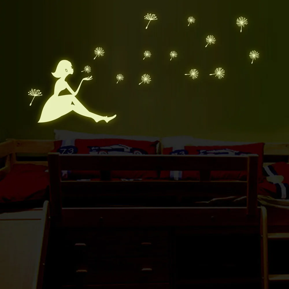 

20*25CM Night Glow in the Dark Luminous Fluorescent wall stickers Blow the dandelion girl children bedroom background Y0031