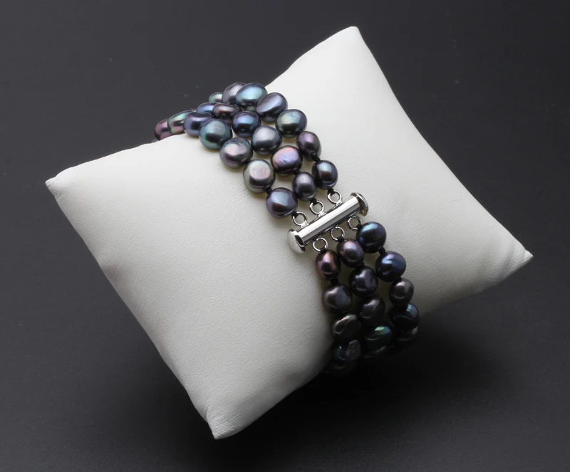 925 пробы Серебряный 7-8 мм черный барокко 3 ряда натуральный Пресноводные жемчужные браслеты, ювелирные изделия браслет для женщин