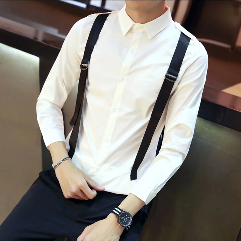 Men's shirt cotton solid color work casual Full sleeve Formal Personality strap nightclub shirt