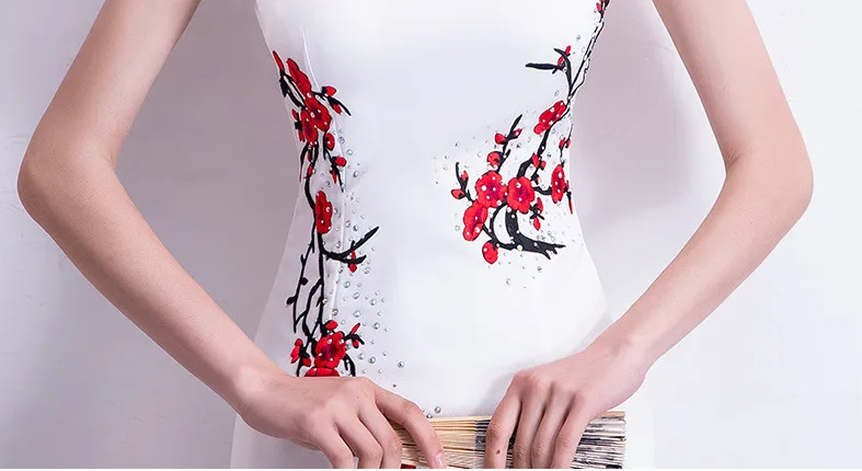 Для женщин Холтер Qipao платья для вечерние Длинные Русалка без бретелек Cheongsam блестящие стразы Блестящие модные темперамент китайское