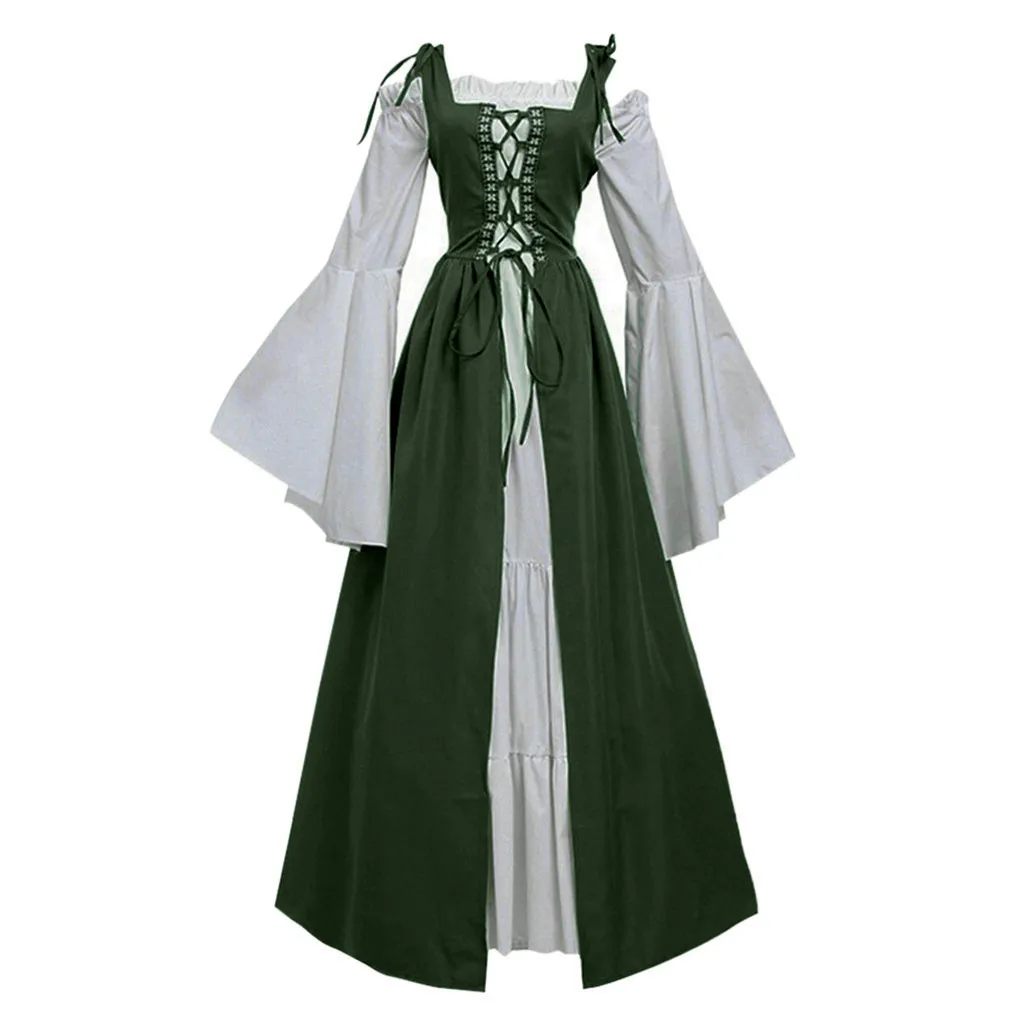 Женское Бандажное корсетное винтажное платье в стиле ренессанс с длинным рукавом и квадратным воротником, вечерние платья в стиле пэчворк - Цвет: Армейский зеленый
