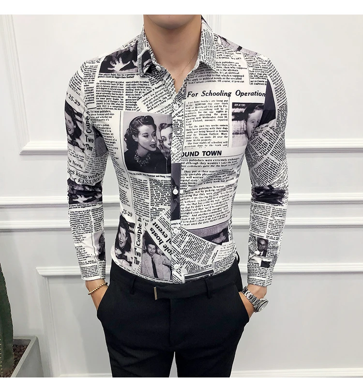 Модные дизайнерские узор рубашка Для мужчин тонкий газета рубашка Camisa социальной Мужская мода рубашка Для мужчин; вечерние клуб уникальная рубашка
