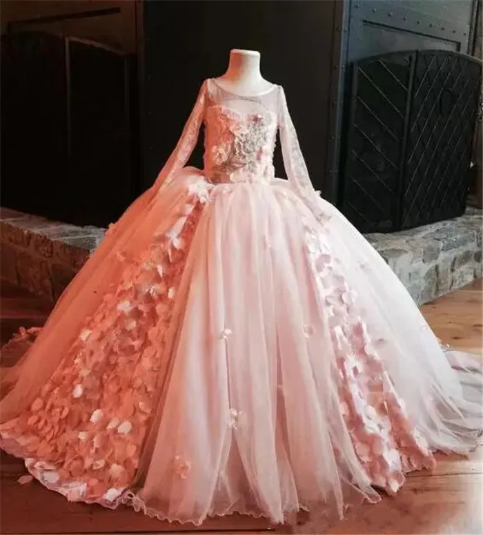 

Real Pictures Girl Pageant Dresses Pink Flower Girl Dresses For Wedding 3D Flowers Long Sleeve Birthday Gown Christmas Dress