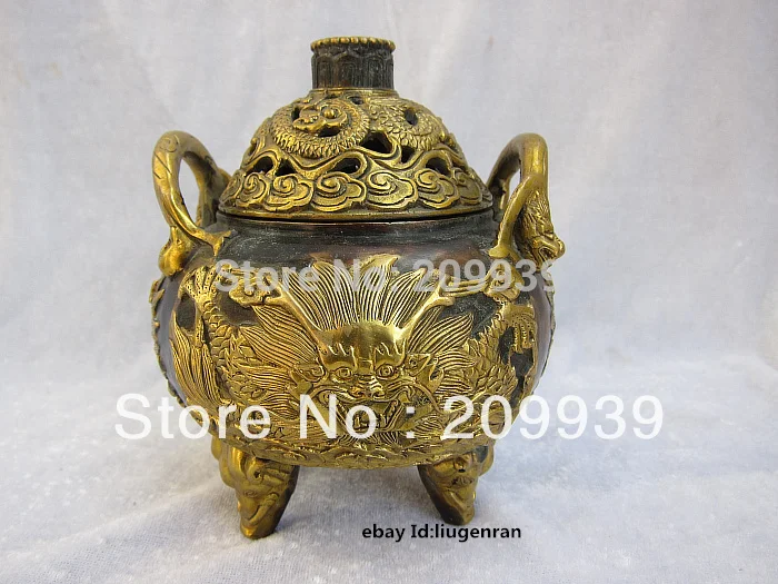 

Hd0157 Tibet Tibetan handwork bronze&Gild Dragon censer incense burner