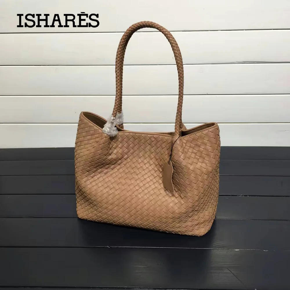 ISHARES casual Genuine Leather Women Handbag Patchwork Sheepskin Woven Bag Shoulder Bags Lambskin Composite Bags Totes IS8833